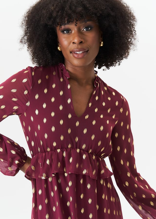 Gini London Gini London Women's Burgandy Foil Print Ruffle Midi Dress in Burgundy - 3