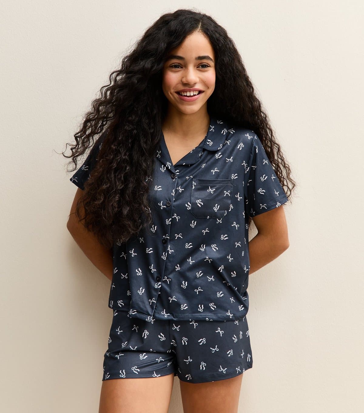 New Look Girls' Navy Jersey Bow Print Shirt and Shorts Pyjama Set New Look