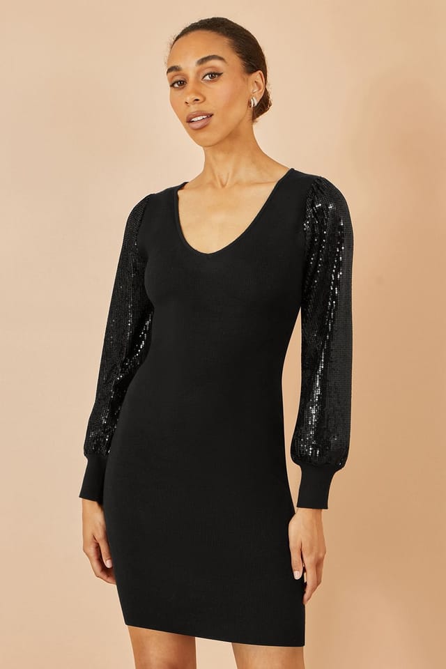 Yumi Yumi Women's Black Knitted Fitted Dress With Sequin Sleeves - 2