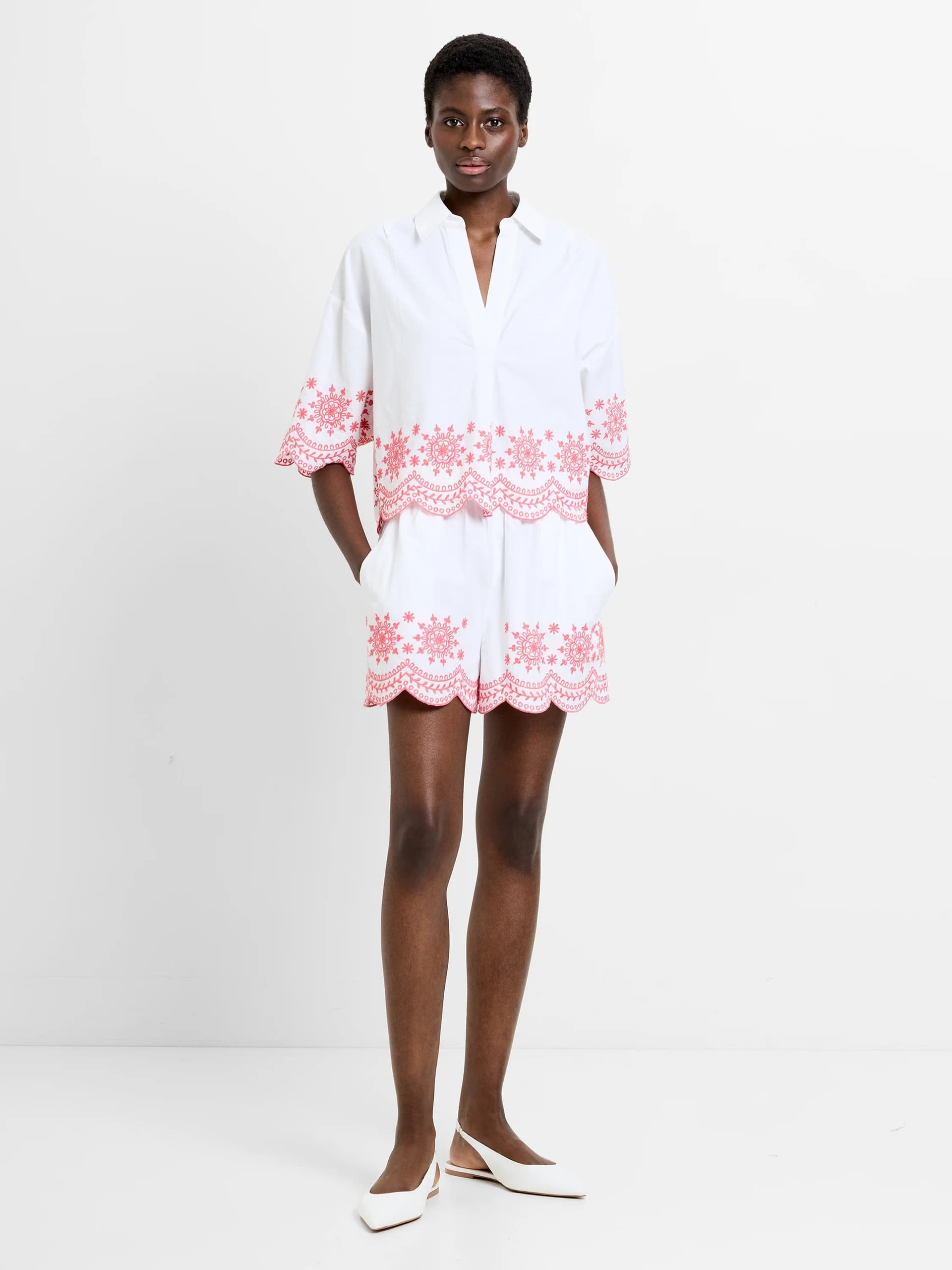 French Connection Alissa Cotton Embroidered Hem Popover Shirt White/Raspberry Pink