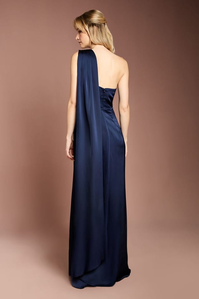 Coast Coast Women's Honoured Drape One Shoulder Satin Maxi Bridesmaid Dress in Navy - 3