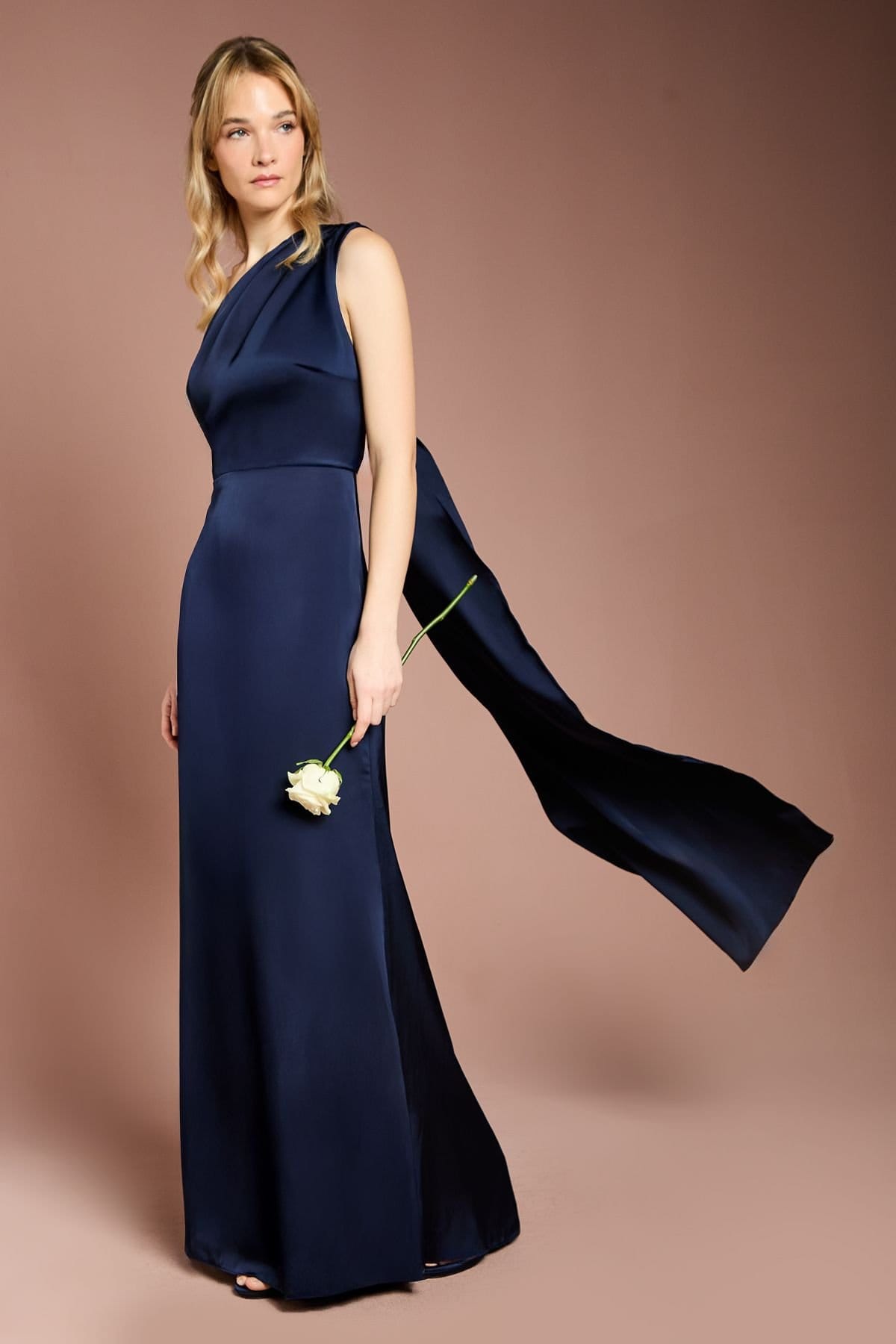 Coast Coast Women's Honoured Drape One Shoulder Satin Maxi Bridesmaid Dress in Navy - 4