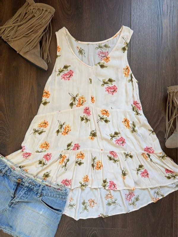 TU Cream floral tiered babydoll tunic/dress - UK 10