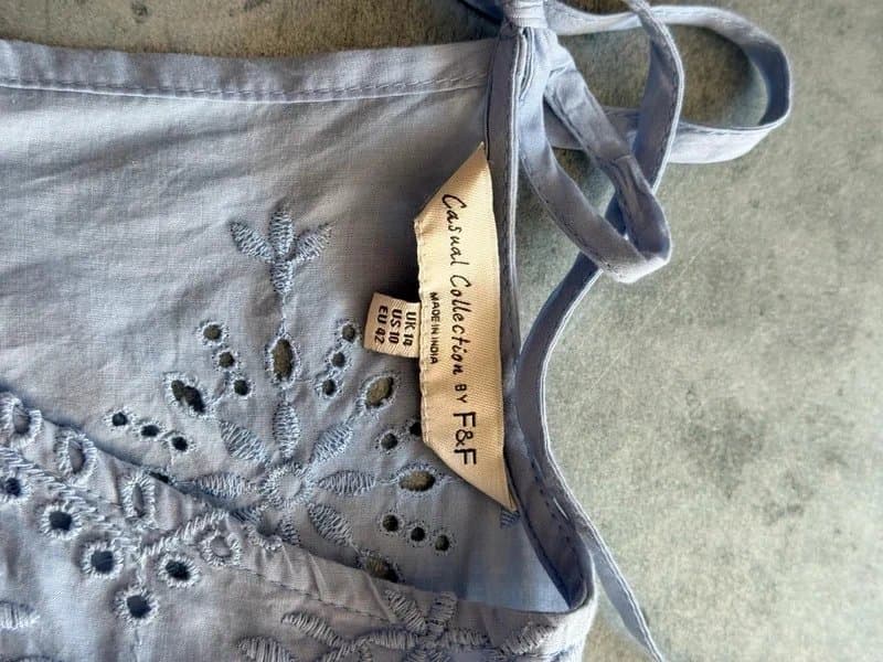 F&F Blue Broderie Anglaise Tiered Smock Dress Boho Dress Cotton Vgc UK 14