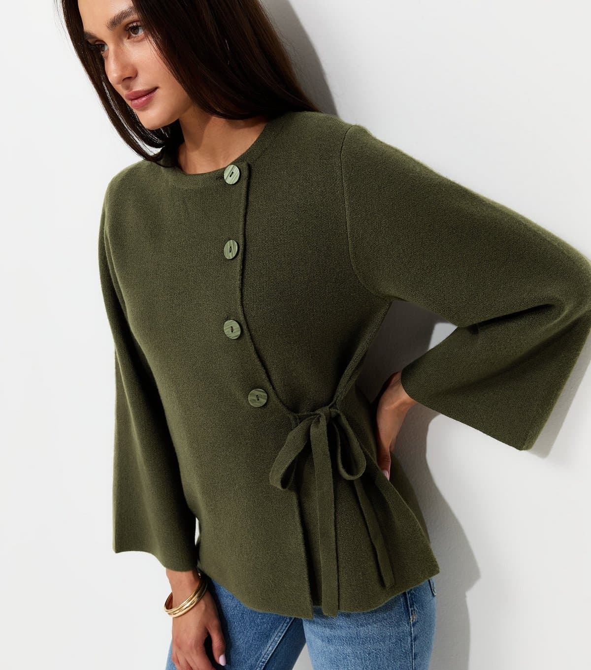 New Look Women's Dark Khaki Compact Knit Wide Sleeve Cardigan New Look