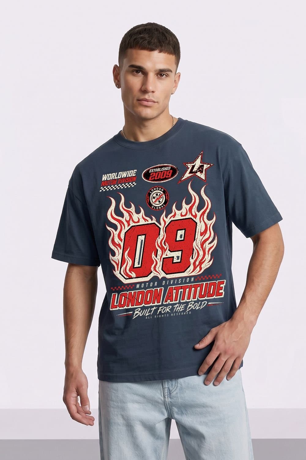 LONDON ATTITUDE LONDON ATTITUDE Men's Racing Oversized Heavyweight Graphic T-Shirt in Blue