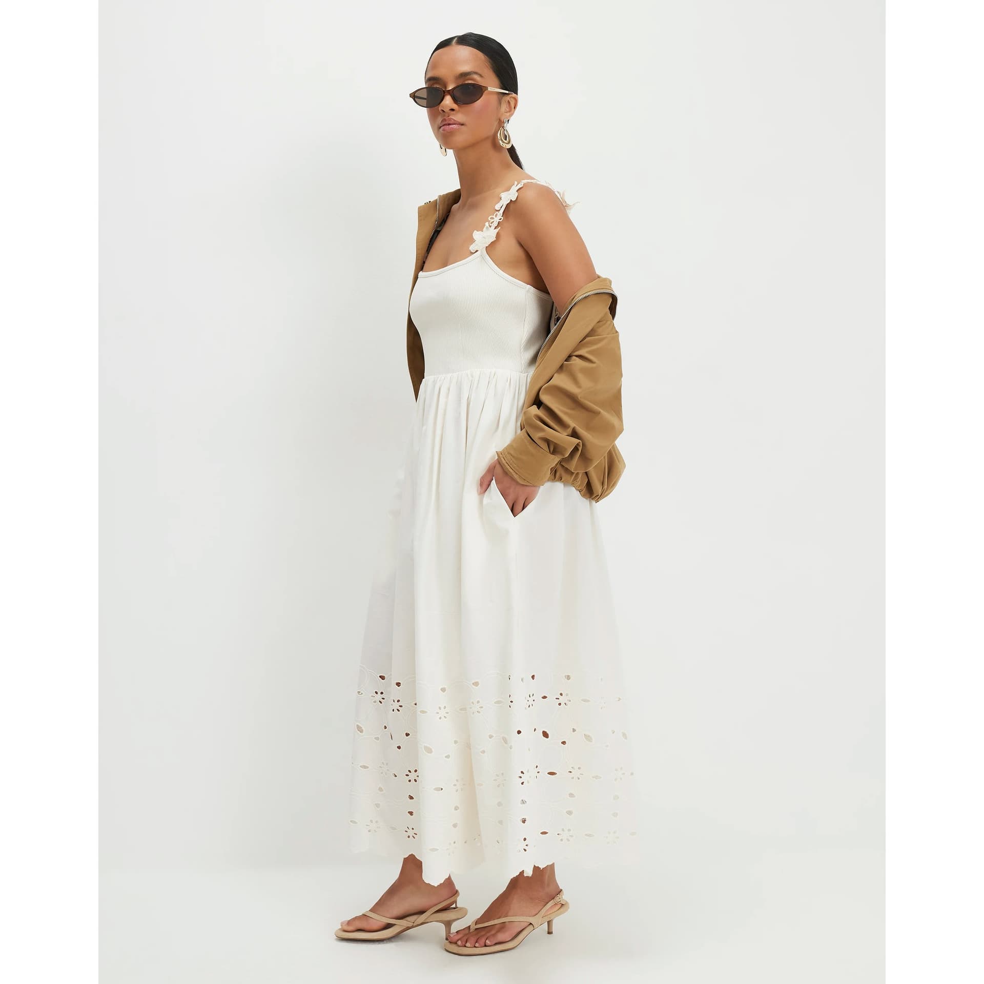 River Island River Island Womens Petite Cream Poplin Broderie Hem Midi Dress