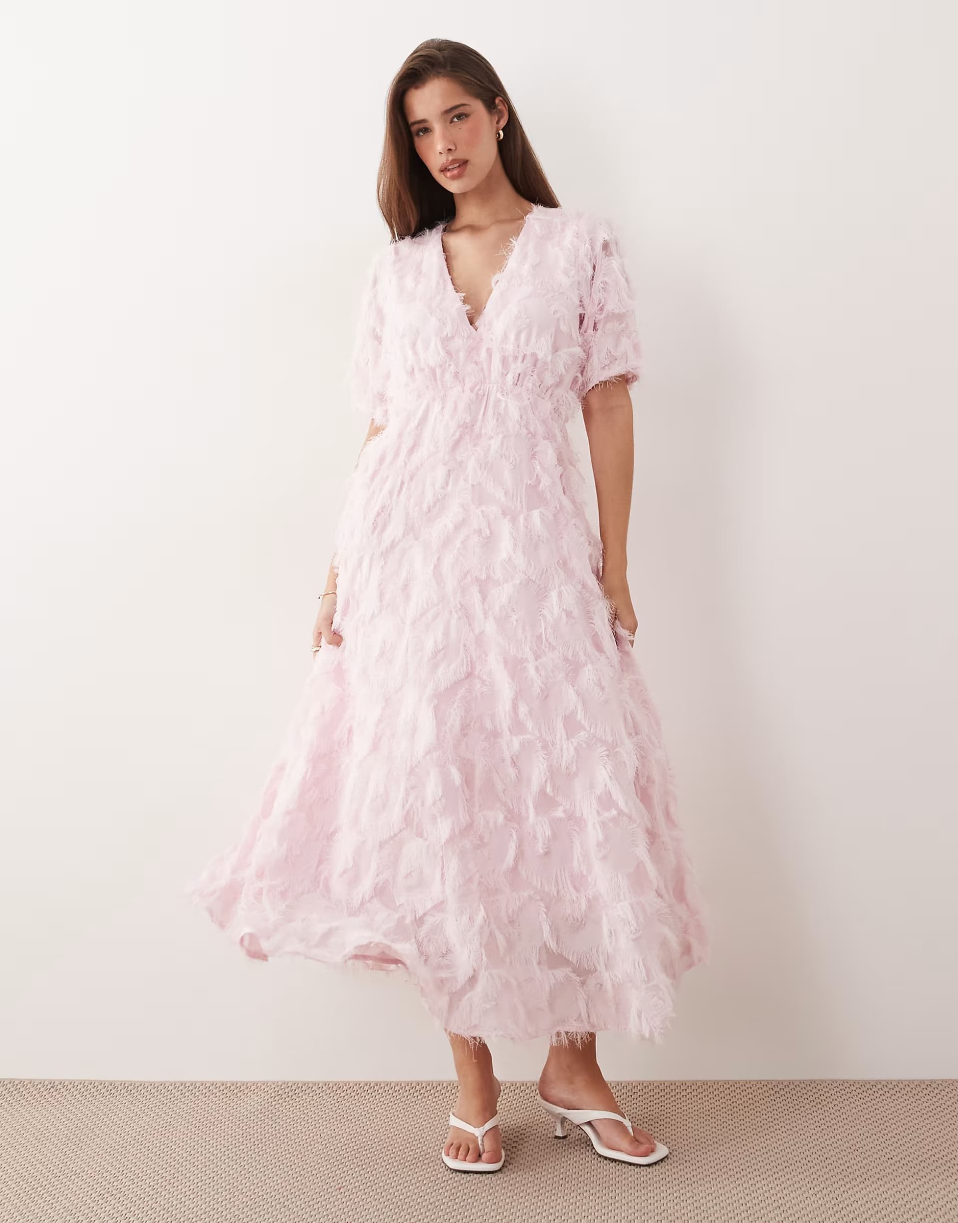 ASOS YAS textured v neck midi dress in ballerina pink