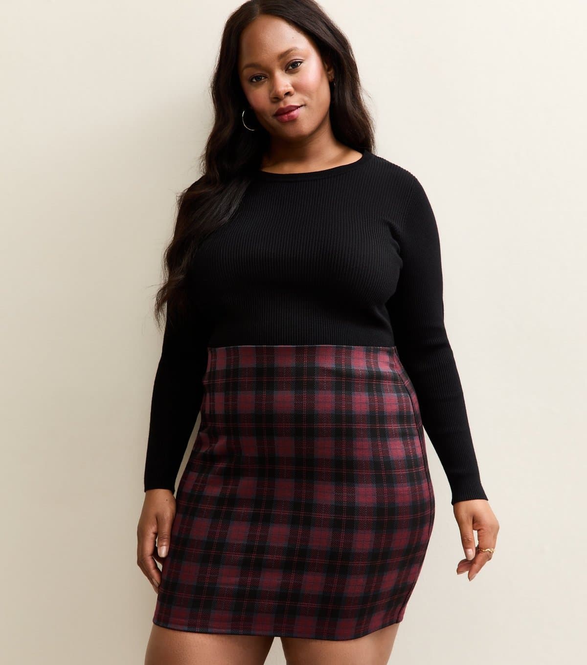 New Look Women's Plus Size Red Jersey Check Tube Mini Skirt Curves New Look