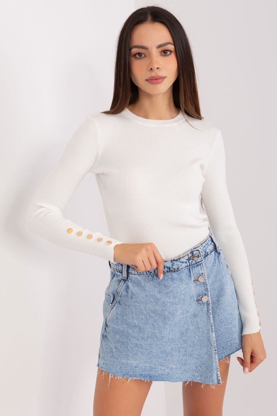 Love Lace Love Lace Women's Ribbed Striped Sweater with Button Cuffs in White