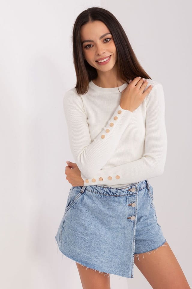 Love Lace Love Lace Women's Ribbed Striped Sweater with Button Cuffs in White - 2