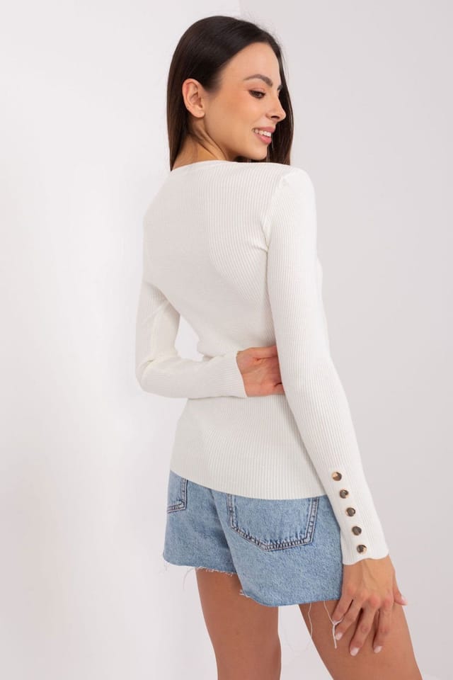 Love Lace Love Lace Women's Ribbed Striped Sweater with Button Cuffs in White - 3