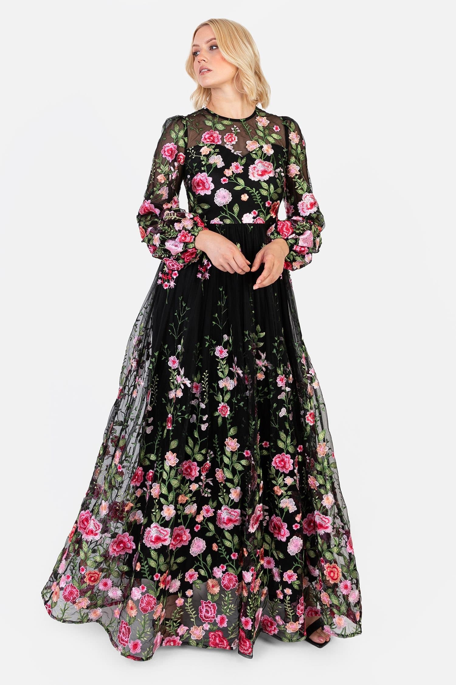 Maya Deluxe Maya Deluxe Women's Embroidered Blouson Sleeve Maxi Dress in Black