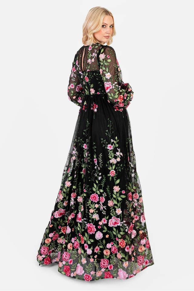 Maya Deluxe Maya Deluxe Women's Embroidered Blouson Sleeve Maxi Dress in Black - 2