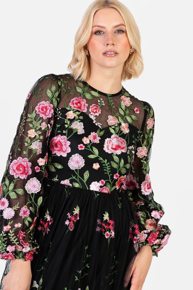 Maya Deluxe Maya Deluxe Women's Embroidered Blouson Sleeve Maxi Dress in Black - 3