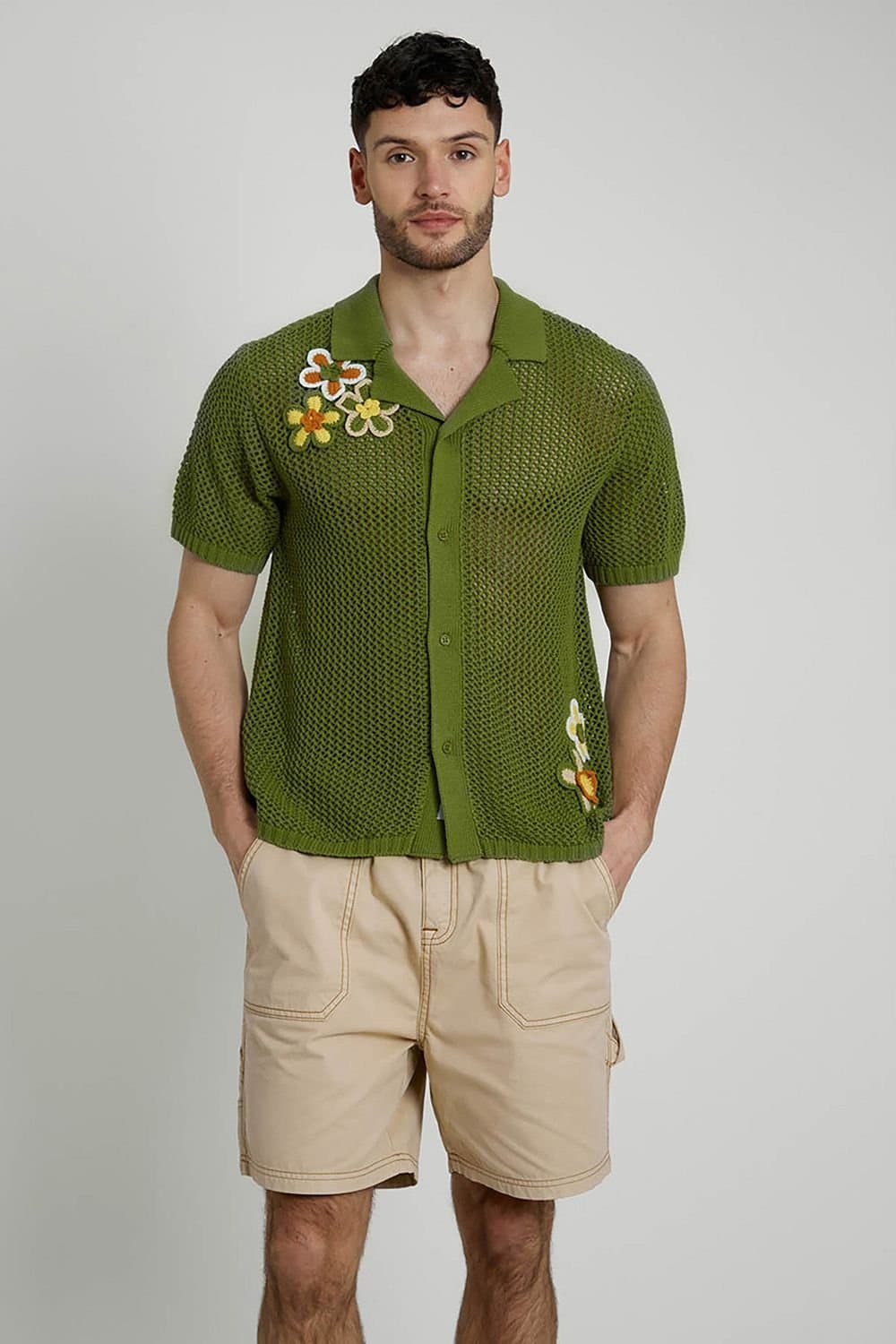 Native Youth Native Youth Men's Cotton Knitted Short Sleeve Floral Appliqué Shirt in Khaki