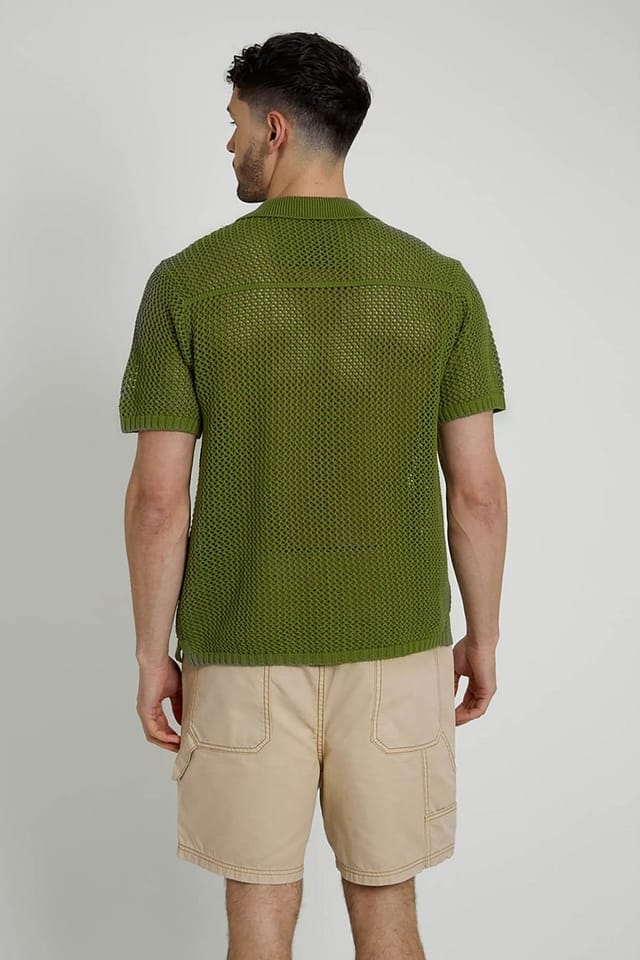 Native Youth Native Youth Men's Cotton Knitted Short Sleeve Floral Appliqué Shirt in Khaki - 2
