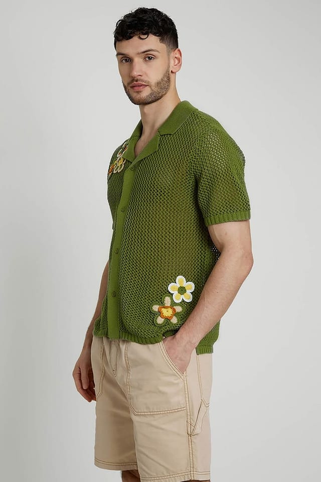 Native Youth Native Youth Men's Cotton Knitted Short Sleeve Floral Appliqué Shirt in Khaki - 3