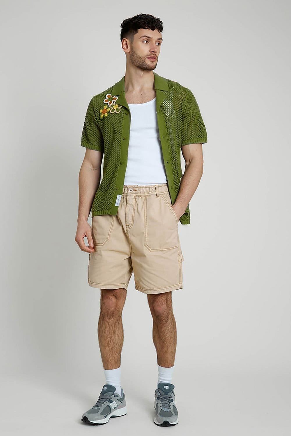 Native Youth Native Youth Men's Cotton Knitted Short Sleeve Floral Appliqué Shirt in Khaki - 4