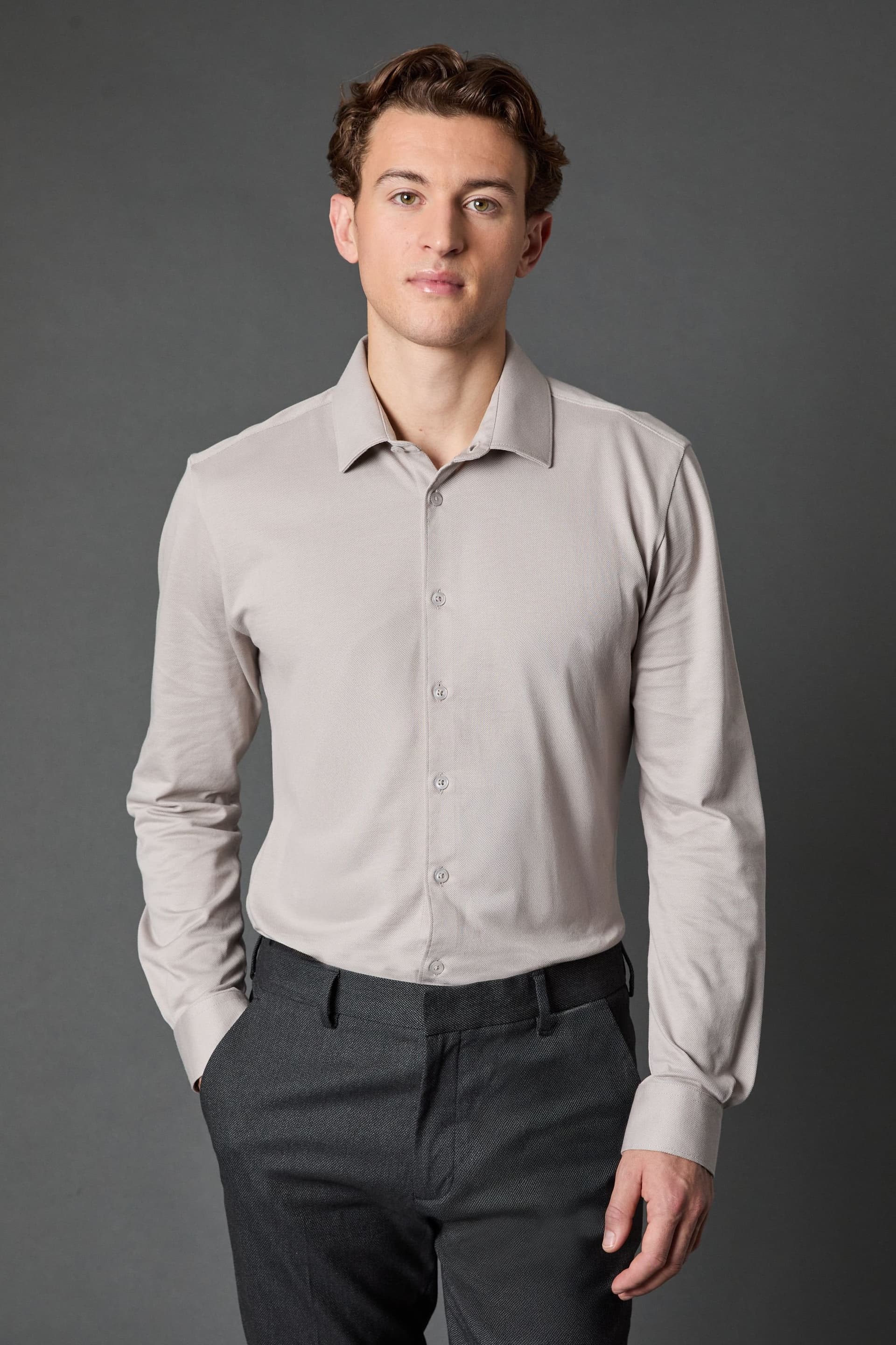 Burton Burton Men's Grey Pique Slim Fit Long Sleeve Shirt