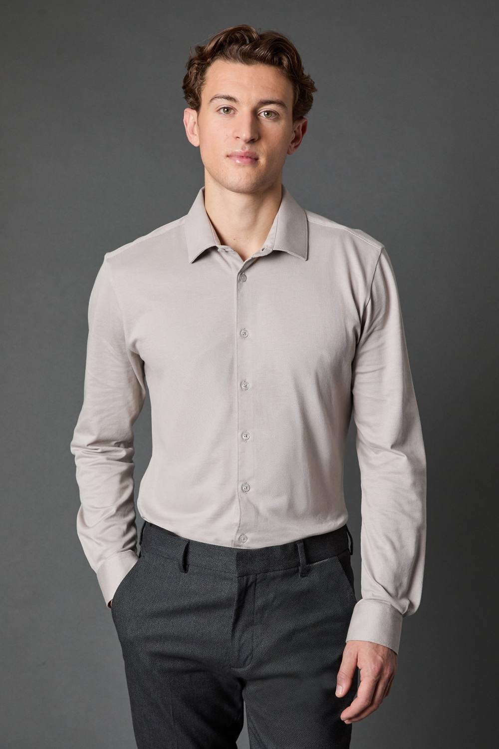 Burton Burton Men's Grey Pique Slim Fit Long Sleeve Shirt - 2