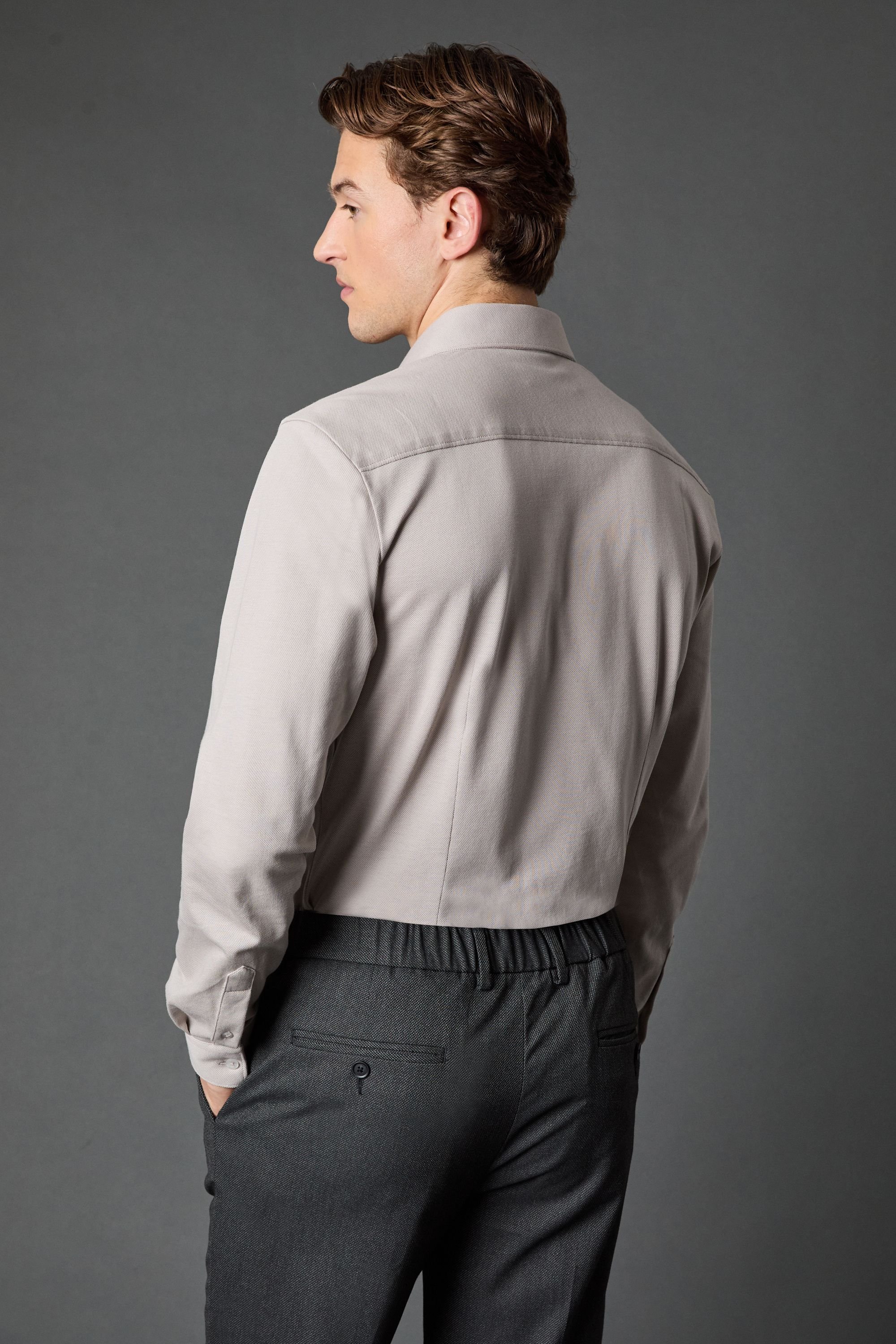 Burton Burton Men's Grey Pique Slim Fit Long Sleeve Shirt - 3