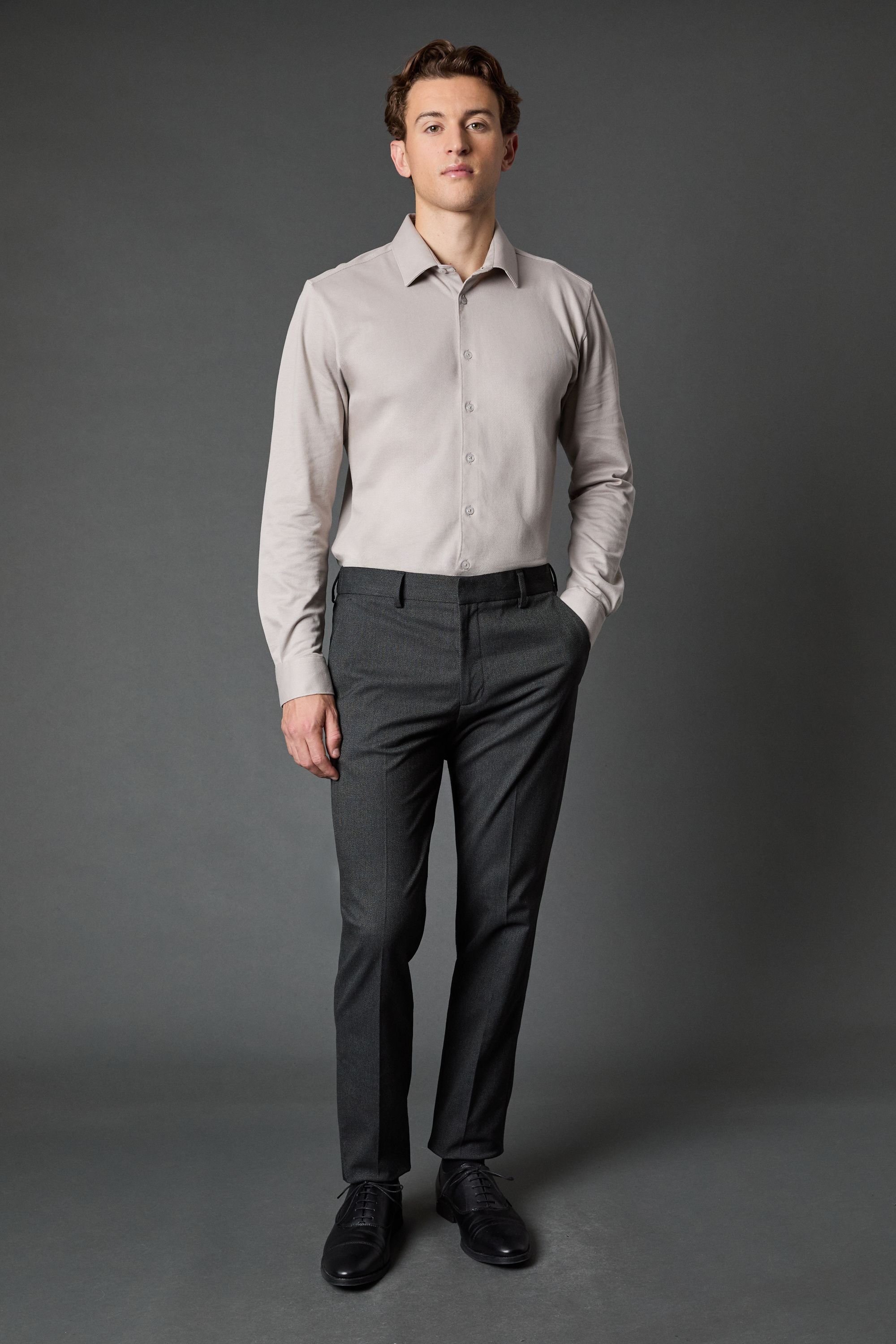 Burton Burton Men's Grey Pique Slim Fit Long Sleeve Shirt - 4