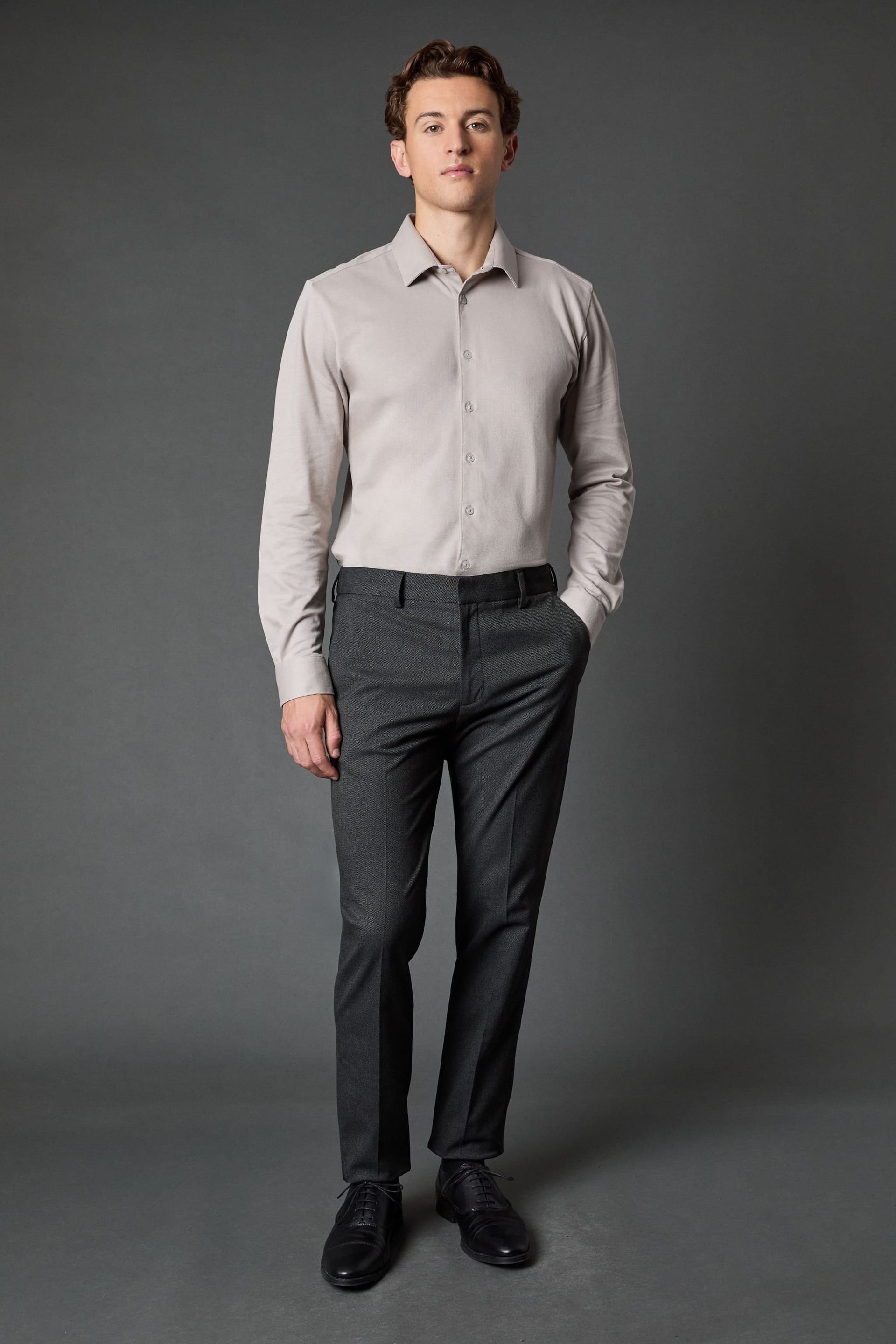 Burton Burton Men's Grey Pique Slim Fit Long Sleeve Shirt - 4