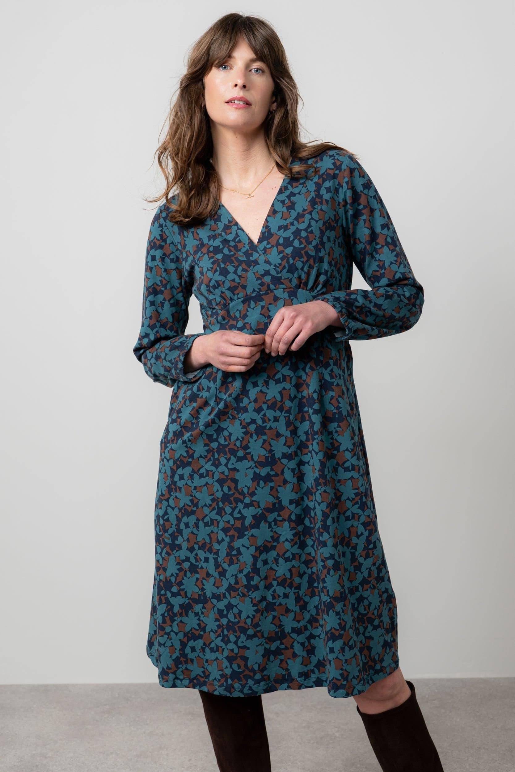 Lily & Me Lily & Me Women's Hazel Crossover Soft Stretch Cotton Jersey Dress with Gathered cuffs in Navy