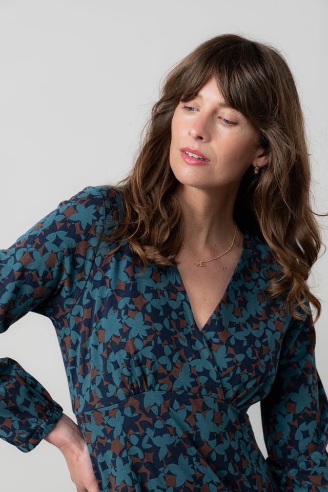 Lily & Me Lily & Me Women's Hazel Crossover Soft Stretch Cotton Jersey Dress with Gathered cuffs in Navy - 2