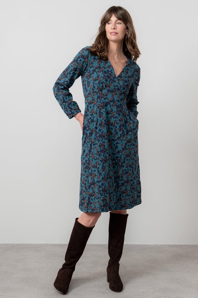 Lily & Me Lily & Me Women's Hazel Crossover Soft Stretch Cotton Jersey Dress with Gathered cuffs in Navy - 3