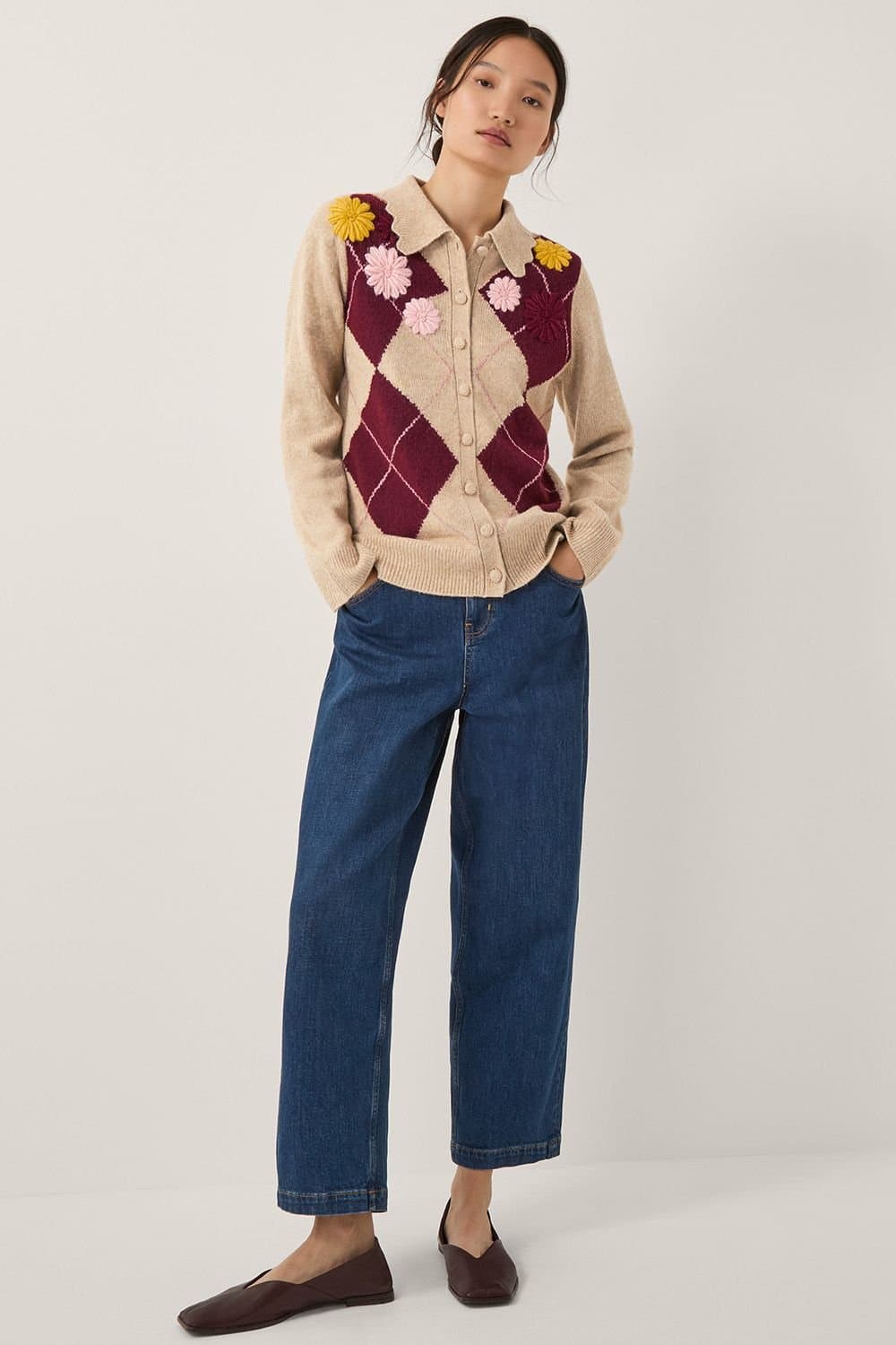 Monsoon Monsoon Women's Floral Argyle Collar Cardigan Natural