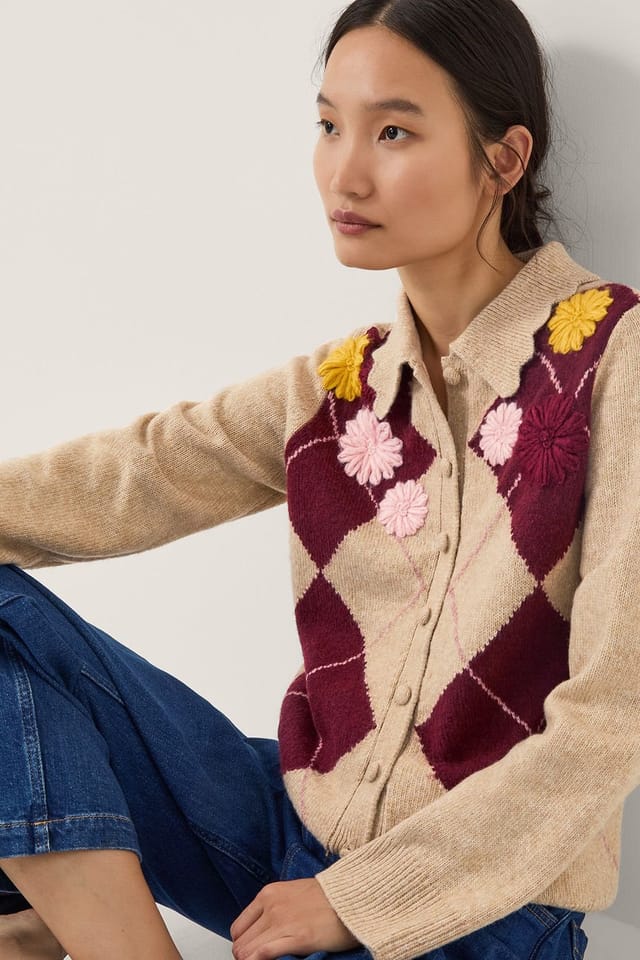 Monsoon Monsoon Women's Ami Floral Argyle Collar Cardigan Natural - 3