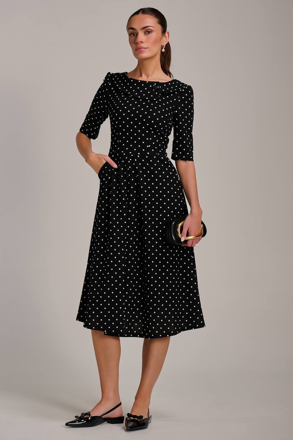 Jolie Moi Jolie Moi Women's Printed Scuba Fold Collar Midi Dress in Black - 3