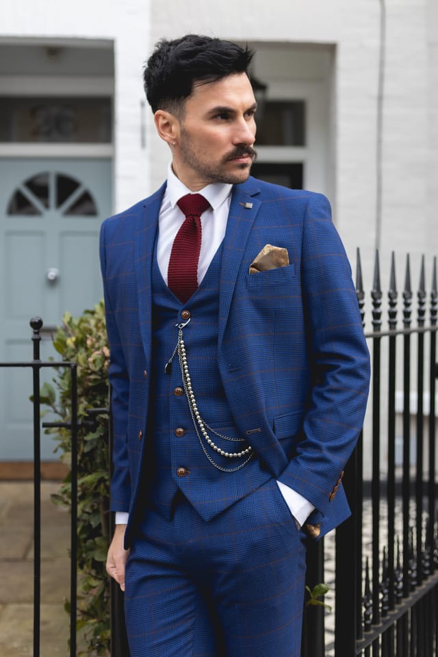 Paul Andrew Paul Andrew Men's Alex Blue Brown Check Wedding 3 Piece Suit - 2