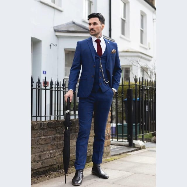 Paul Andrew Paul Andrew Men's Alex Blue Brown Check Wedding 3 Piece Suit - 3