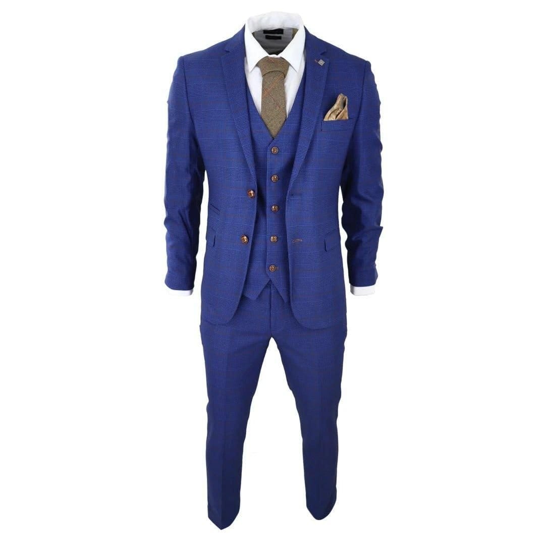 Paul Andrew Paul Andrew Men's Alex Blue Brown Check Wedding 3 Piece Suit - 4