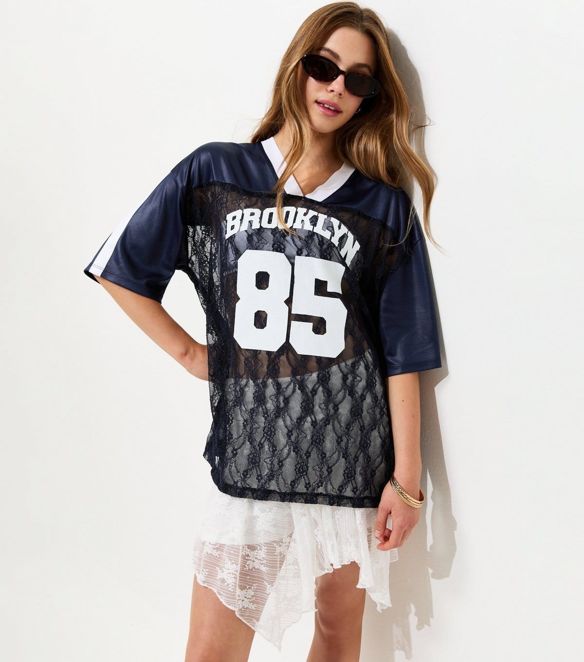 New Look Girls' Navy Lace Longline Football Top New Look - 1