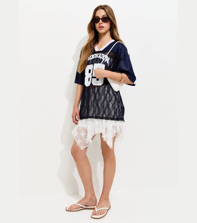 New Look Girls' Navy Lace Longline Football Top New Look - 3