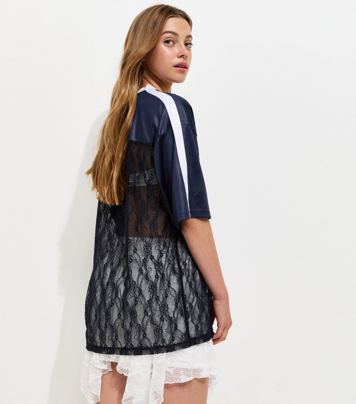 New Look Girls' Navy Lace Longline Football Top New Look - 4