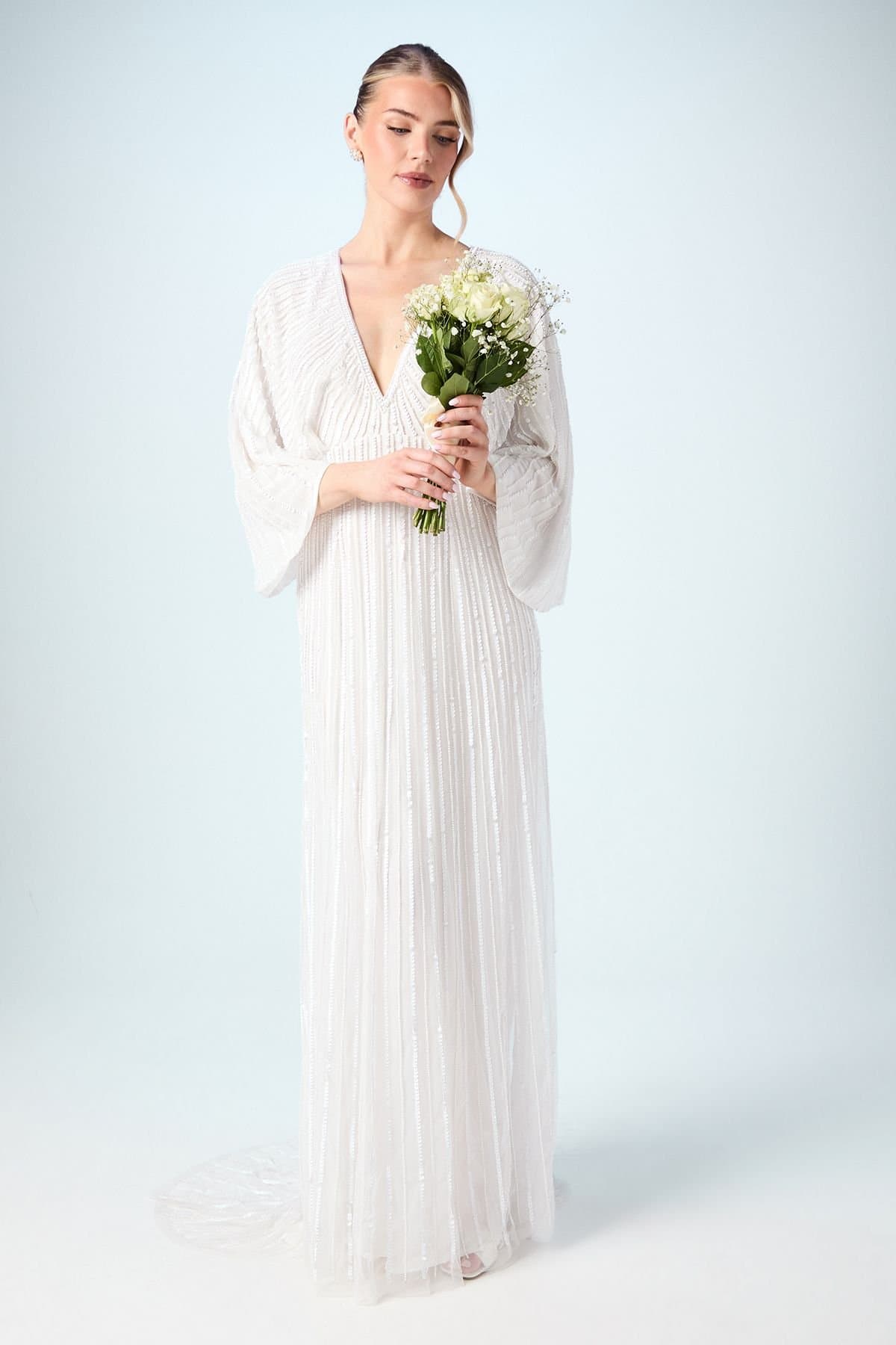 Coast Coast Women's V Neck Sequin Kimono Sleeve Wedding Dress in Ivory