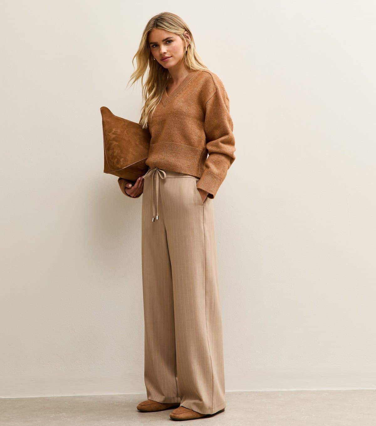 New Look Women's Petite Camel Pinstripe Tie Waist Wide Leg Trouser New Look