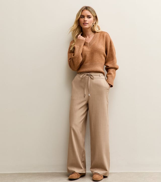 New Look Women's Petite Camel Pinstripe Tie Waist Wide Leg Trouser New Look - 3