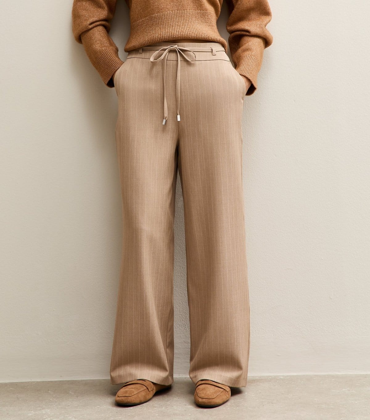 New Look Women's Petite Camel Pinstripe Tie Waist Wide Leg Trouser New Look - 4