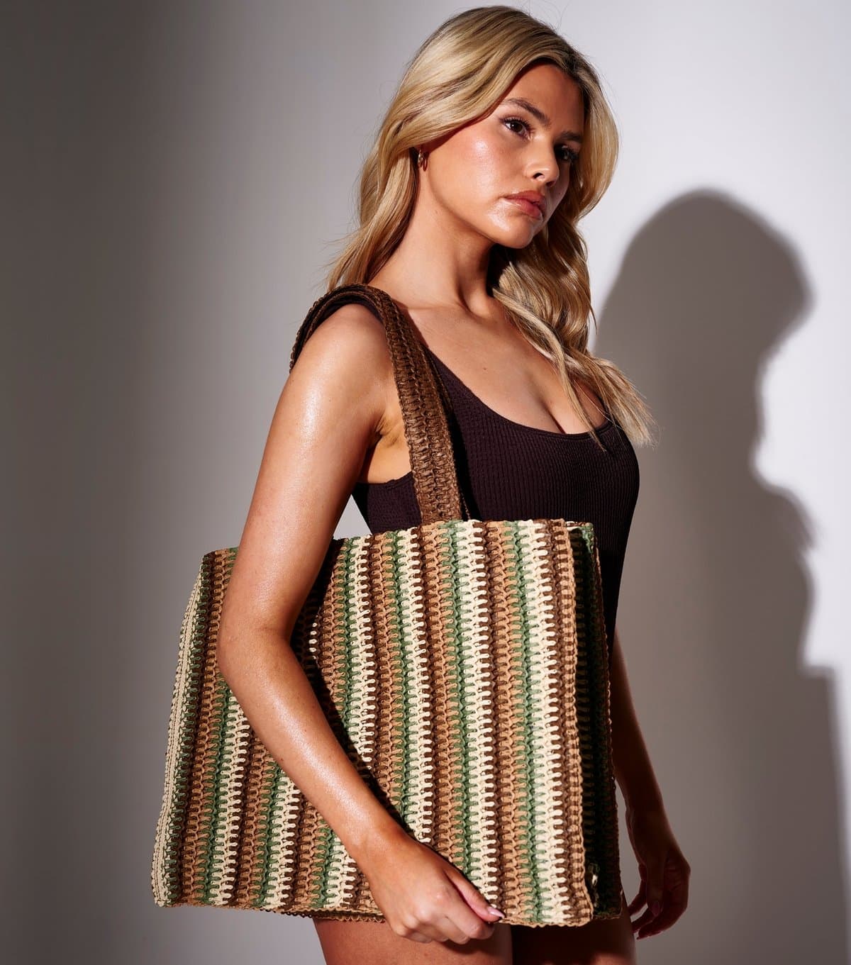 South Beach South Beach Brown Straw Stripe Tote Bag