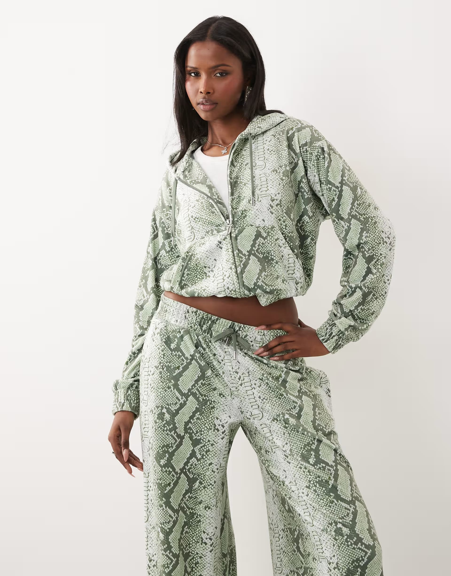 ASOS Juicy Couture exclusive velour zip through hoodie co-ord in green snake