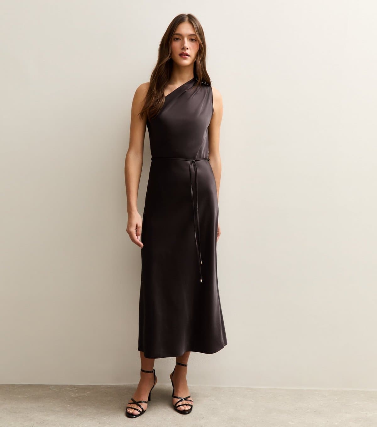 New Look Women's Dark Brown Satin One Shoulder Tie Waist Dress New Look