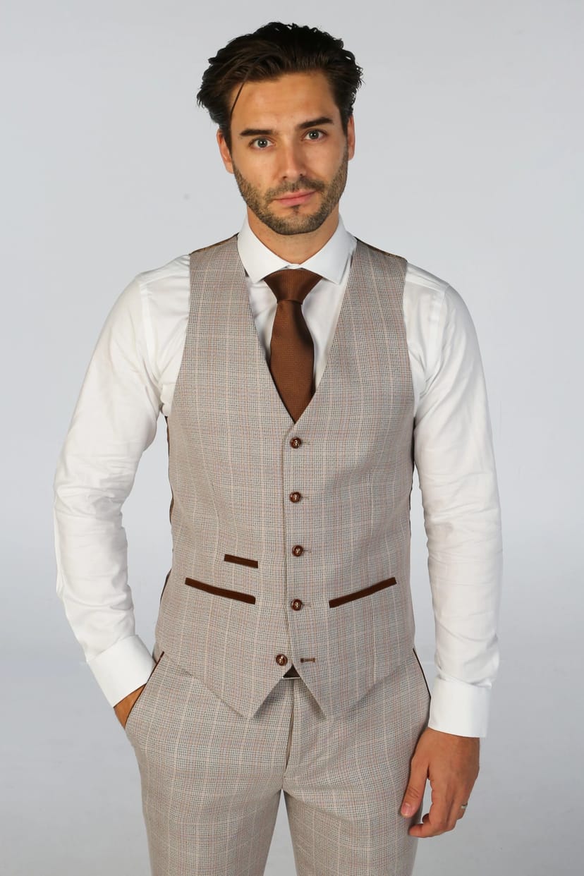 Paul Andrew Paul Andrew Men's Leo Checked Tailored Fit Waistcoat in Beige - 1