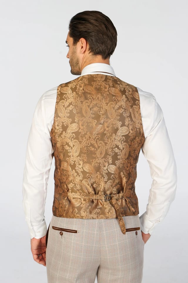 Paul Andrew Paul Andrew Men's Leo Checked Tailored Fit Waistcoat in Beige - 2