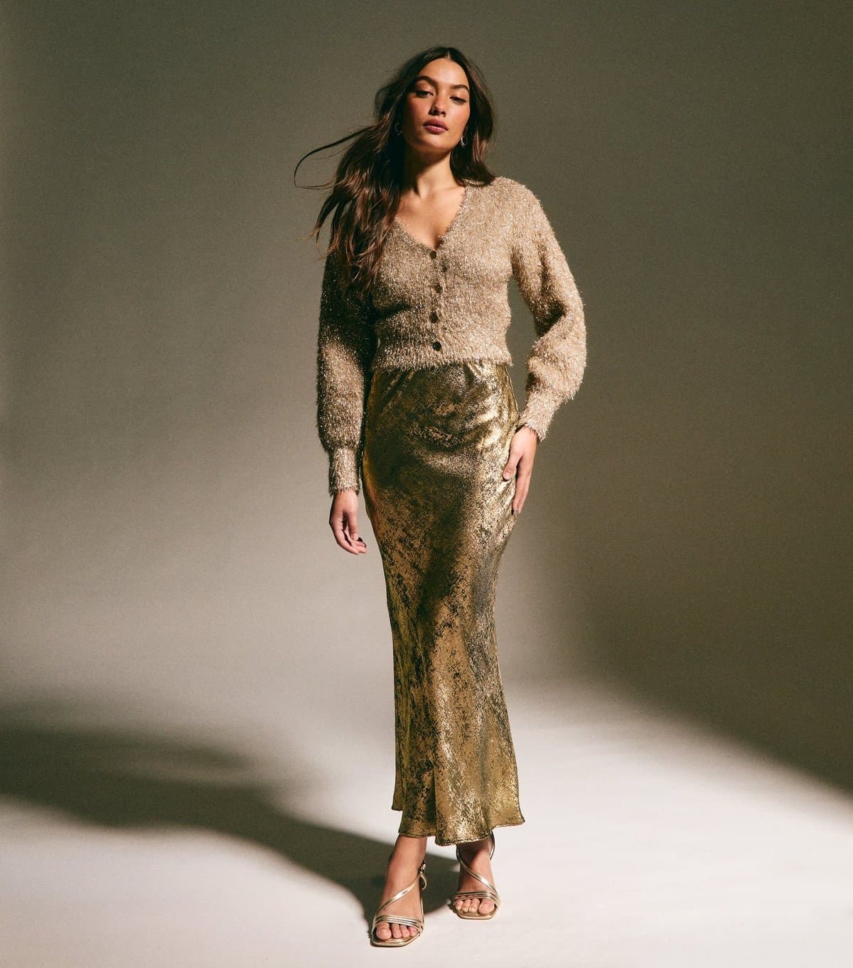 New Look Women's Gold Metallic Bias Cut Midi Skirt New Look